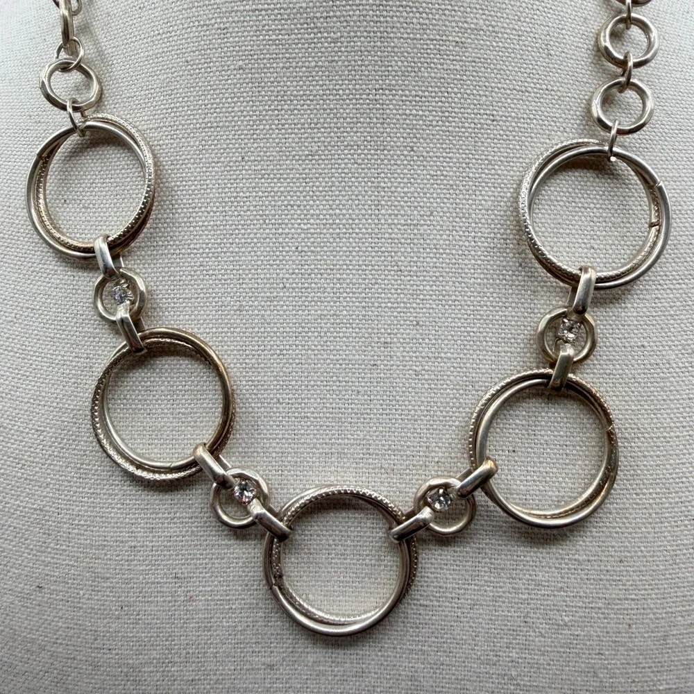 Silver Tone Circle Link Statement Necklace Rhinestone Accents Modern Geometric